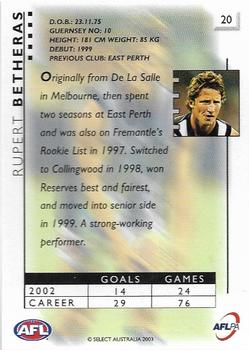 2003 Select XL Ultra AFL #20 Rupert Betheras Back